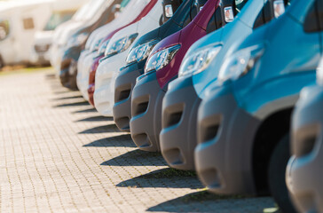 Fotobehang Voertuigen Bestelwagens op rij geparkeerd in zon  © Tomasz Zajda