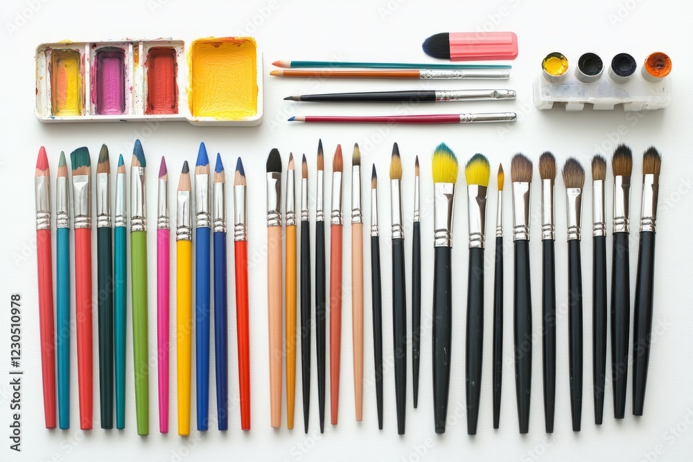 Fototapeta premium A vibrant collection of art brushes and paints arranged neatly, perfect for creative projects and artistic inspiration.