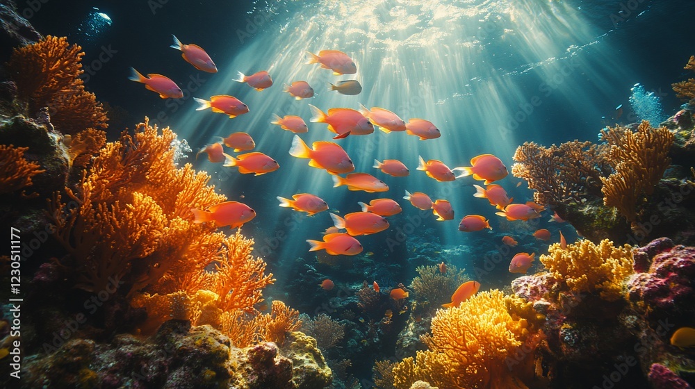 Fototapeta premium Vibrant underwater scene with colorful fish swimming among coral reefs and sun rays