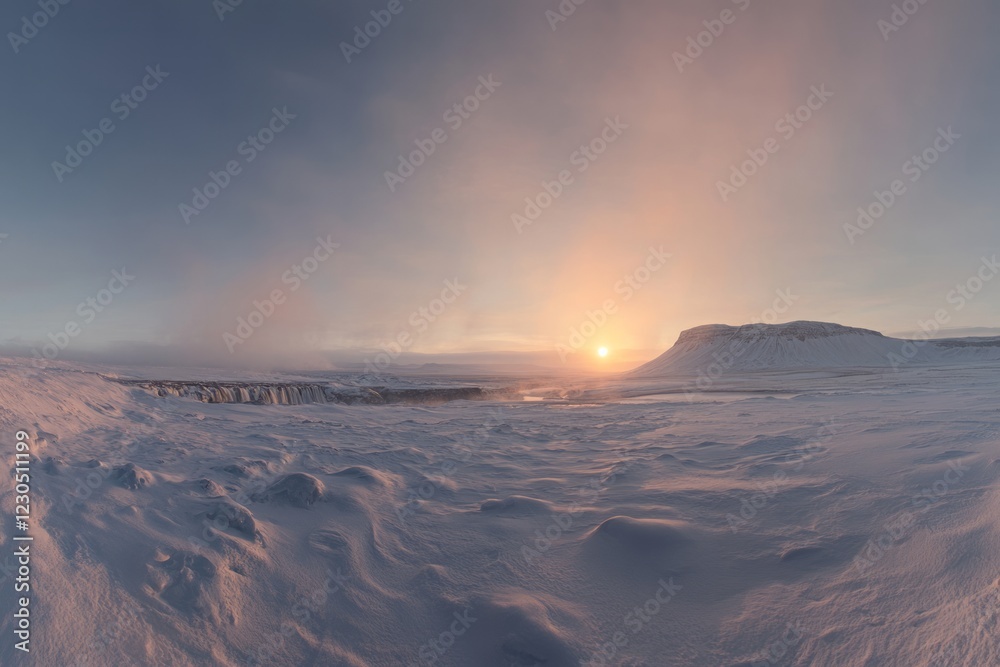 Stunning winter sunrise over snowy landscape with mountains in the background near a waterfall in an icy region
