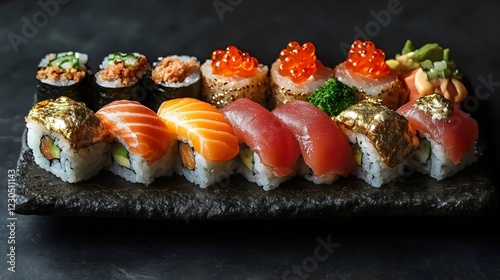 A plate of sushi with a variety of different types of sushi photo