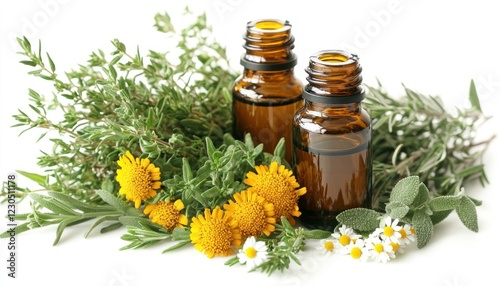 Bottles of essential oils placed alongside herbs like thyme, rosemary, and chamomile on a clean white background. photo