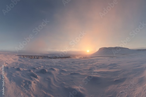 Obraz na płótnie Stunning winter sunrise over snowy landscape with mountains in the background near a waterfall in an icy region w salonie