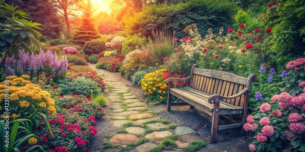 Obraz premium Vintage Garden Scene: Serene Wooden Bench Amidst Vibrant Flowers and Stone Path