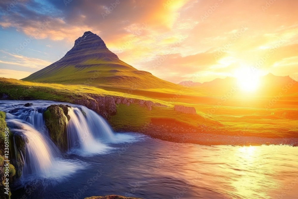 Experience breathtaking sunset views over the majestic Kirkjufell mountain and cascading waterfalls in Iceland's enchanting landscape