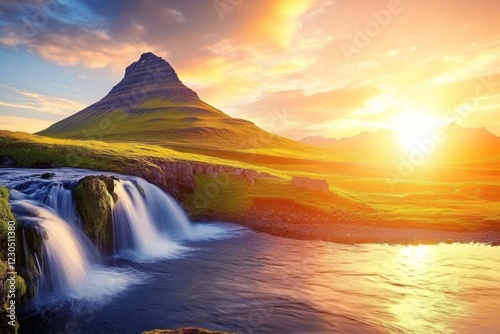 Obraz na płótnie Experience breathtaking sunset views over the majestic Kirkjufell mountain and cascading waterfalls in Iceland's enchanting landscape w salonie