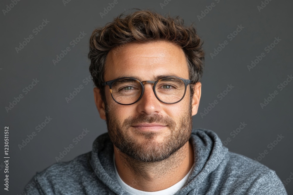 Portrait of a smiling man with glasses wearing a hoodie, showcasing confidence and approachability in a neutral setting Portrait of a smiling man with glasses wearing a hoodie, showcasing confidence and approachability in a neutral setting