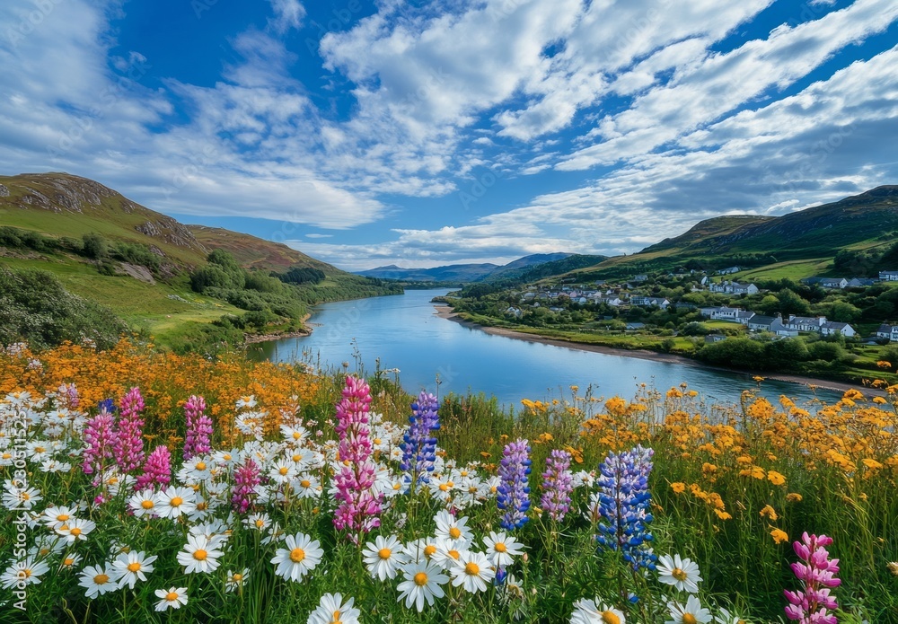 Scenic river view with blooming wildflowers and vibrant green hills under a cloudy blue sky in a tranquil rural setting