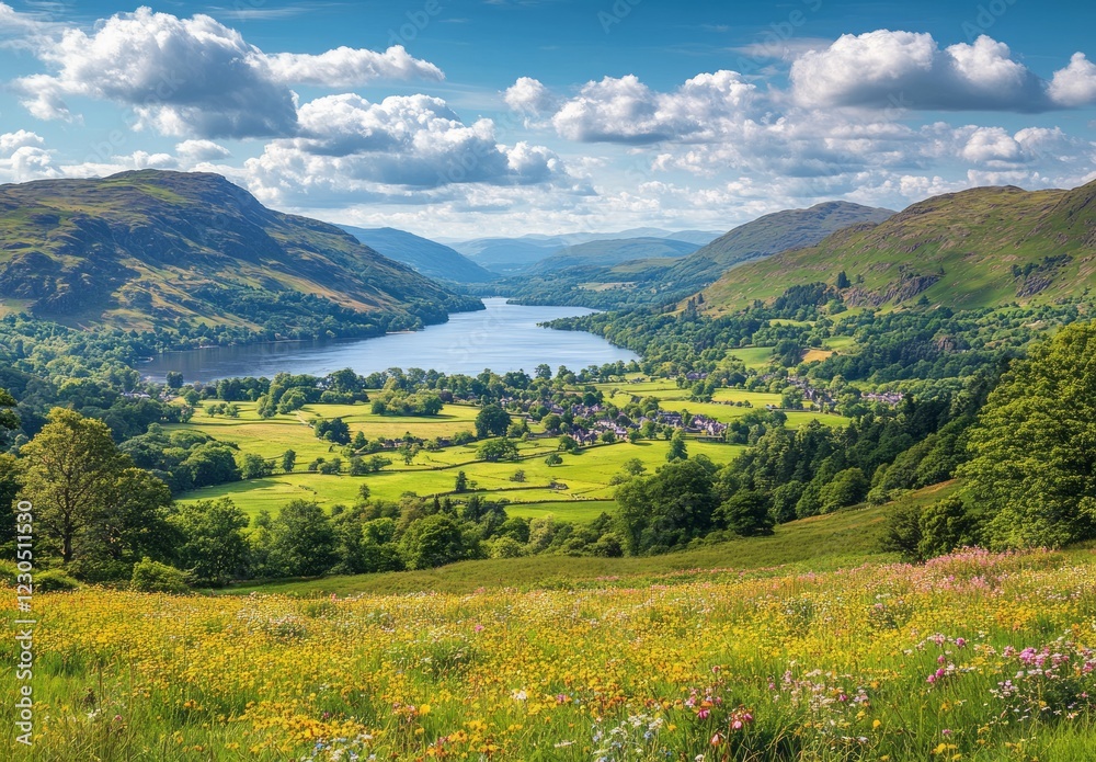 Breathtaking view of a serene lake surrounded by lush green hills and colorful wildflowers in a picturesque landscape on a sunny day