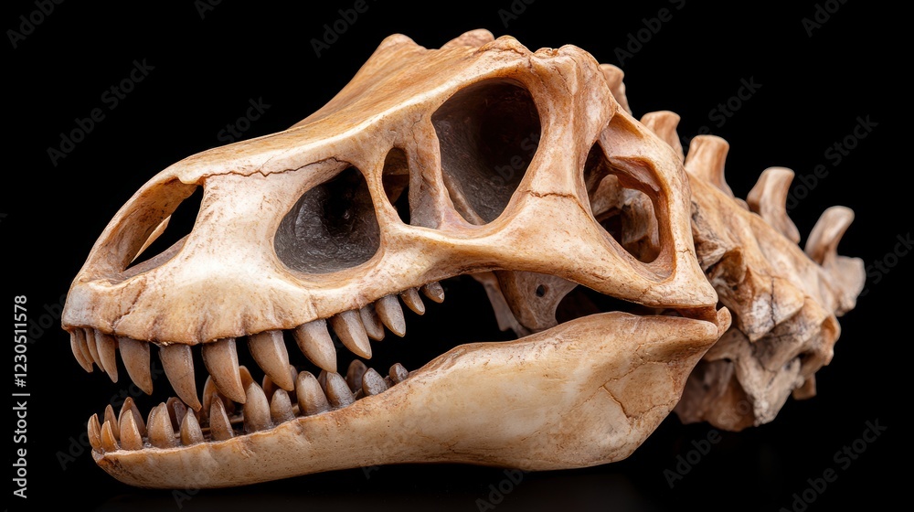 A detailed depiction of a dinosaur skull, showcasing intricate bone structures and sharp teeth, This image is ideal for educational materials, museums A detailed depiction of a dinosaur skull, showcasing intricate bone structures and sharp teeth, This image is ideal for educational materials, museums