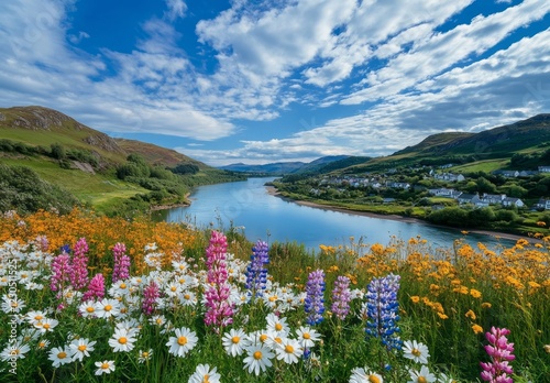 Obraz na płótnie Scenic river view with blooming wildflowers and vibrant green hills under a cloudy blue sky in a tranquil rural setting w salonie