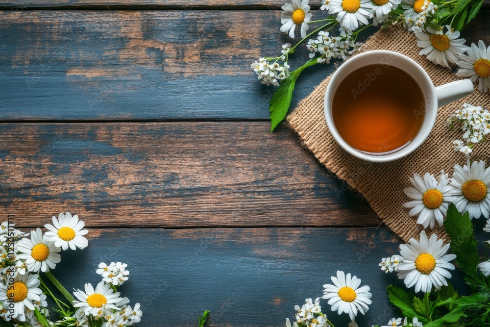Obraz premium Cup of Herbal Tea with Daisies on Rustic Wood