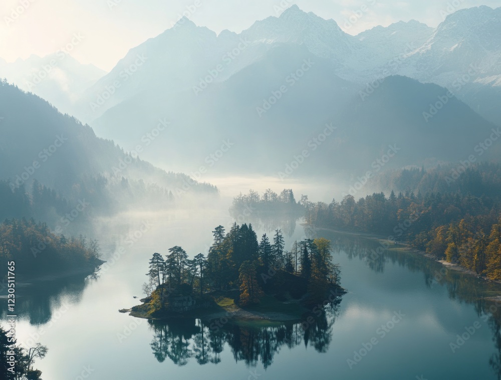 A beautiful misty morning reveals a tranquil lake nestled among majestic mountains and lush, vibrant forests, creating a serene and peaceful atmosphere