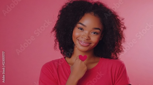 Pretty curly African American woman confesses in love, makes heart gesture, shows her true feelings, has happy expression, wears casual red t shirt, poses over pink background. Relationship concept photo