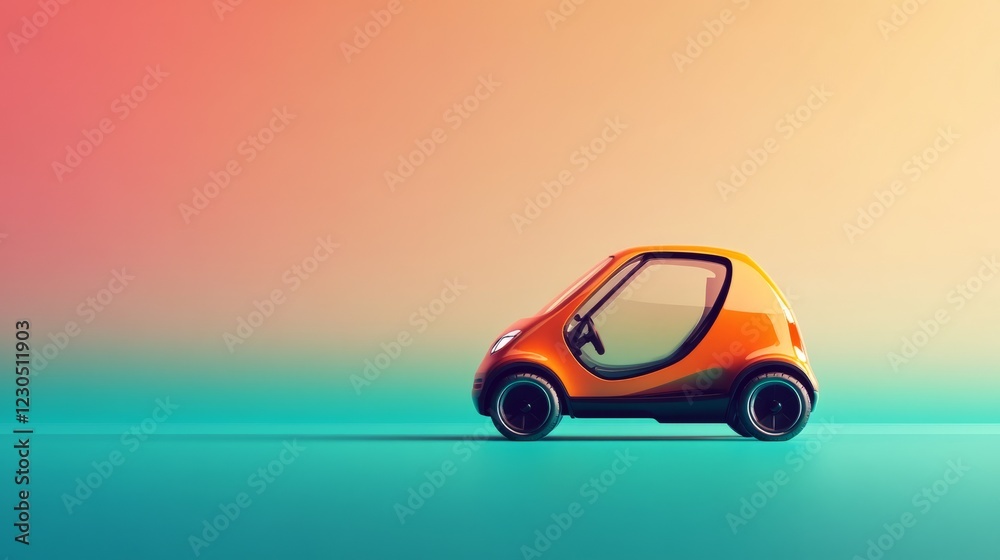 Obraz premium A small orange car is parked on a road. The car is parked in front of a blue wall