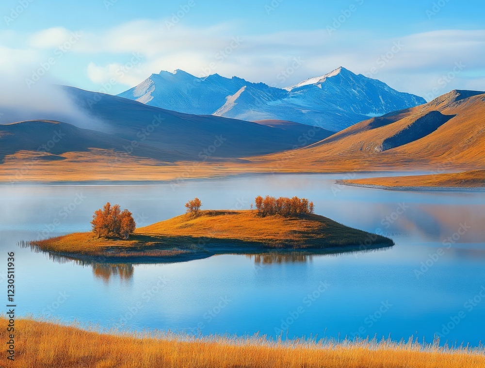 Majestic autumn landscape featuring serene lake, colorful island, and snow-capped mountains under clear blue sky