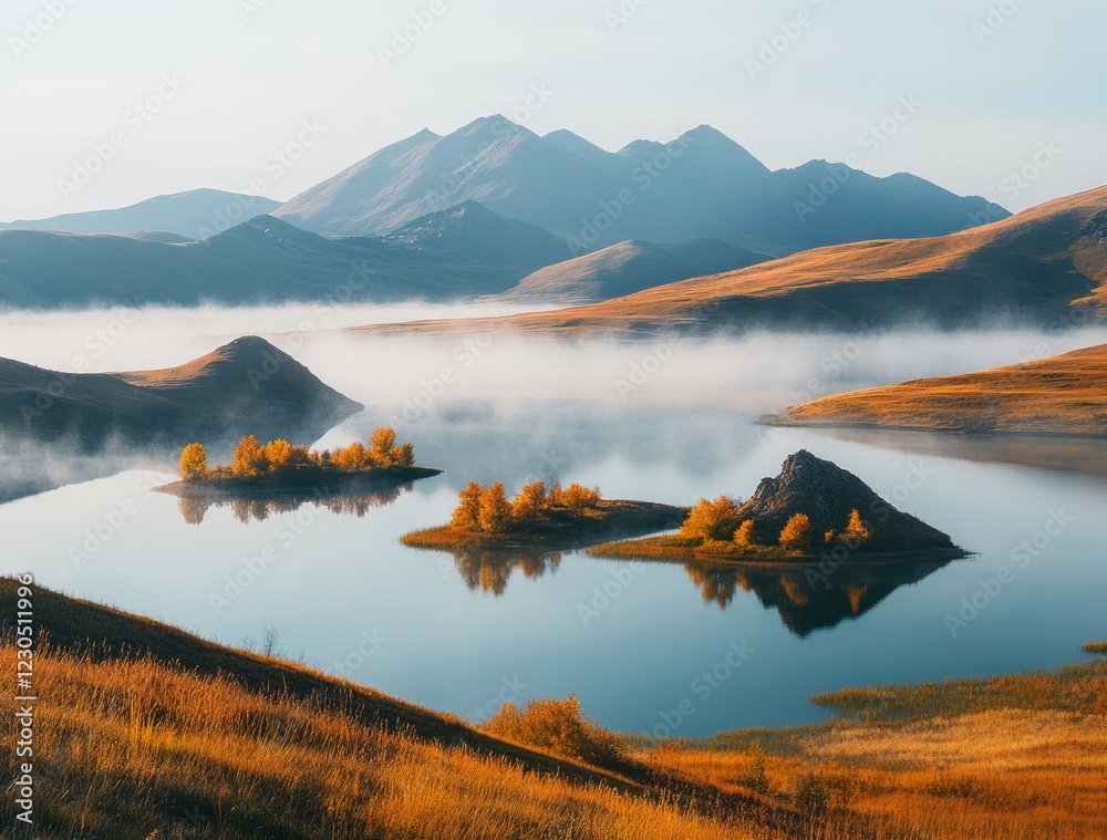 Serene morning view of misty landscape with mountains and calm lake reflecting autumn colors in golden light