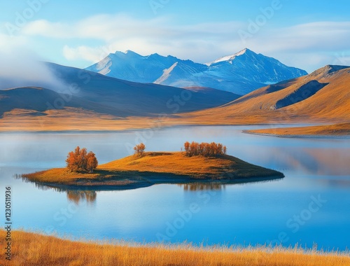 Majestic autumn landscape featuring serene lake, colorful island, and snow-capped mountains under clear blue sky