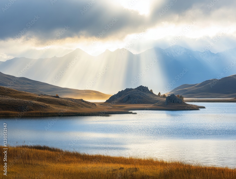 Majestic sunlight breaks through clouds over tranquil lake surrounded by mountains in early morning