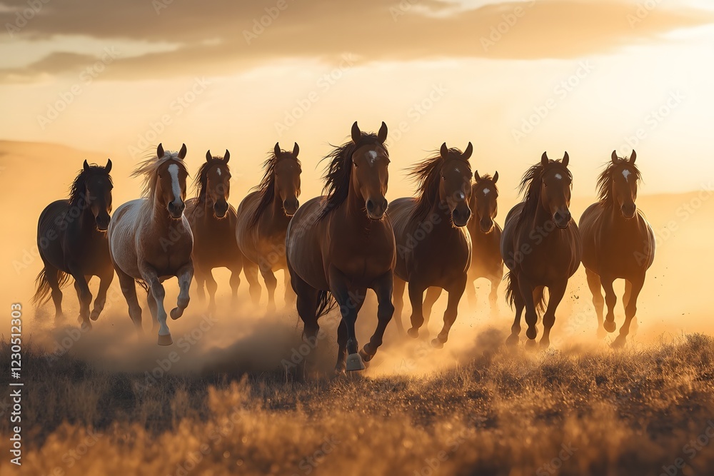 Obraz premium Herd of wild mustangs galloping through a green field under a clear blue sky