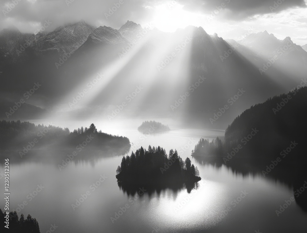 Towering majestic mountains cast their radiant reflection upon a peaceful, serene lake, adorned with enchanting islands and shrouded in gentle morning mist