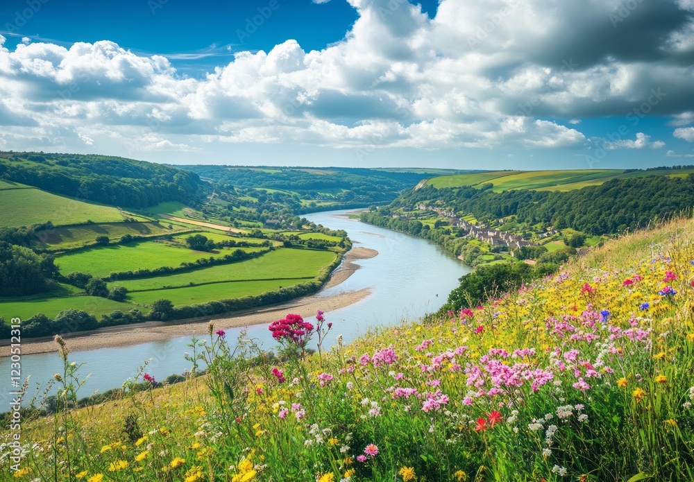 Scenic river valley with colorful wildflowers and lush green fields under a bright blue sky with fluffy clouds