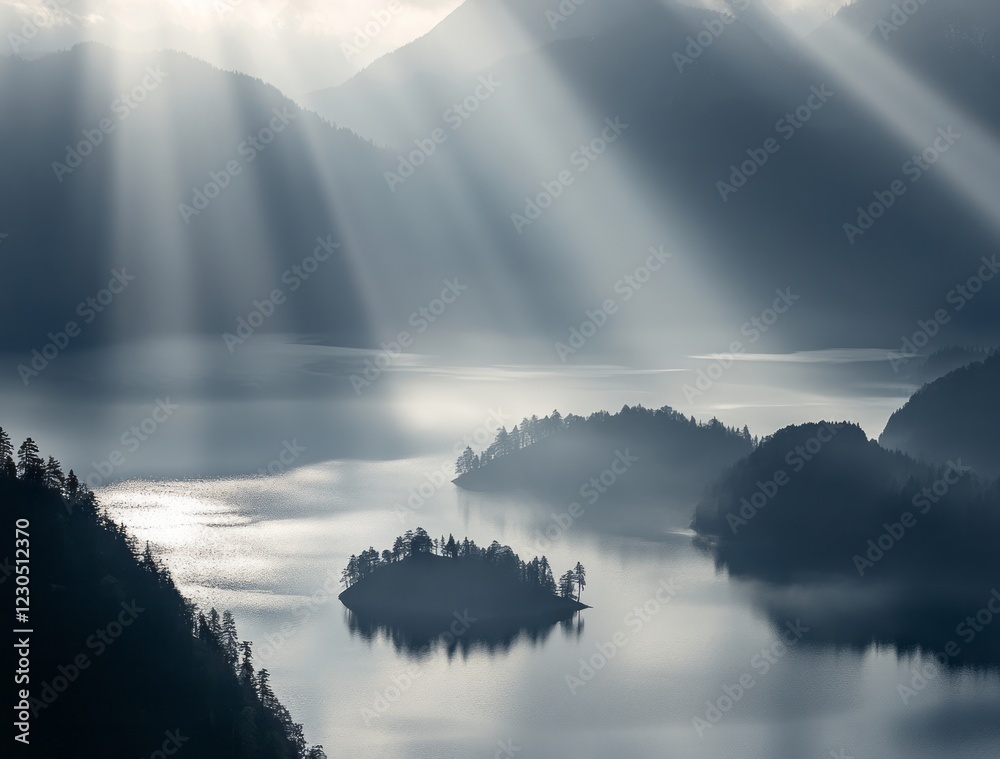Serene landscape with mist-covered islands reflecting sunlight in a tranquil lake surrounded by mountains at dawn