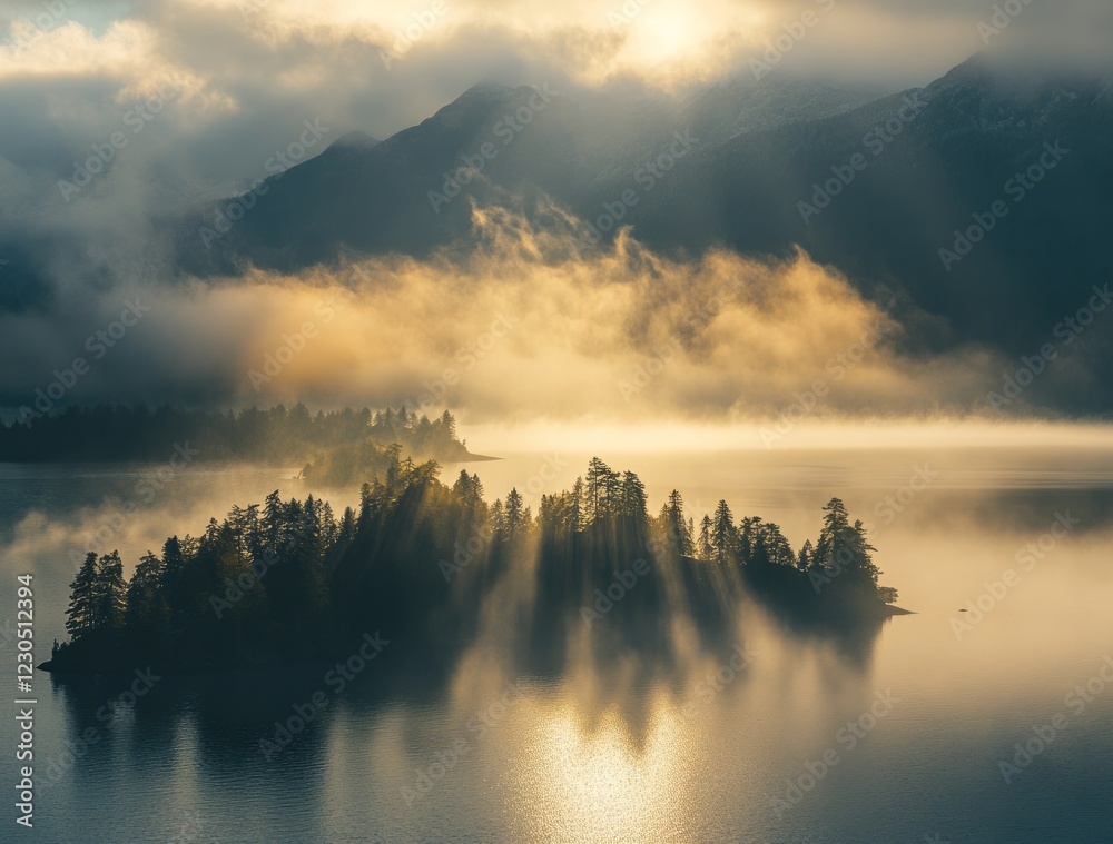 A soft mist hangs gently over a serene island, while the golden hues of the sunrise illuminate the tranquil waters nestled in the picturesque mountain landscape