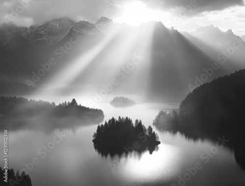 Obraz na płótnie Towering majestic mountains cast their radiant reflection upon a peaceful, serene lake, adorned with enchanting islands and shrouded in gentle morning mist w salonie