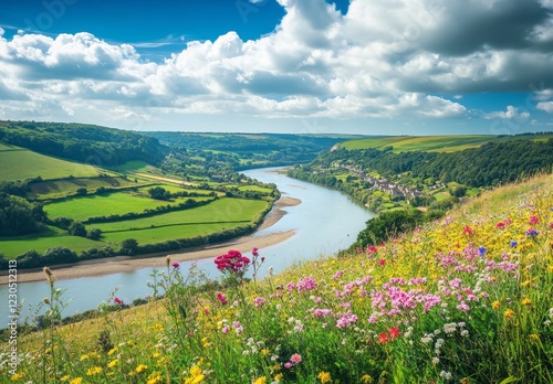 Obraz na płótnie Scenic river valley with colorful wildflowers and lush green fields under a bright blue sky with fluffy clouds w salonie