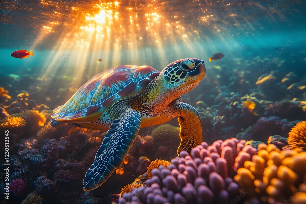 Fototapeta premium Sea turtle swimming gracefully in clear ocean water with coral reef background