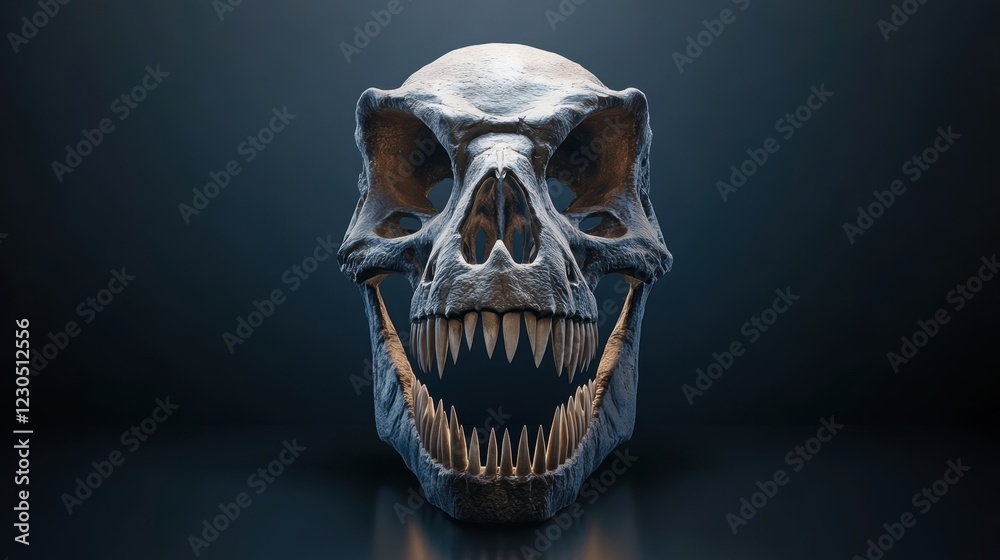 A highly detailed skull showcases sharp teeth and intricate bone structure against a dark background, ideal for educational materials, documentaries A highly detailed skull showcases sharp teeth and intricate bone structure against a dark background, ideal for educational materials, documentaries