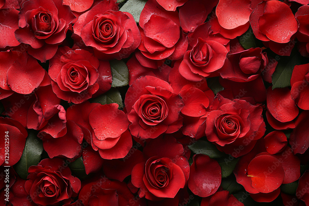 Lush Red Roses and Petals Create a Romantic Display Lush Red Roses and Petals Create a Romantic Display