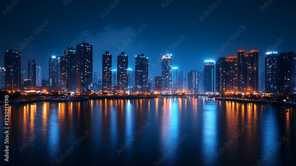 Obraz premium Modern City Skyline at Night with Reflections on Calm River Water