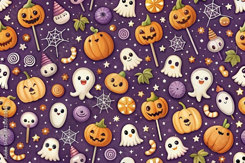Wallpaper Mural Vintage Halloween Trick or Treat Pattern: Cute Ghosts, Pumpkins & Sweets Torontodigital.ca