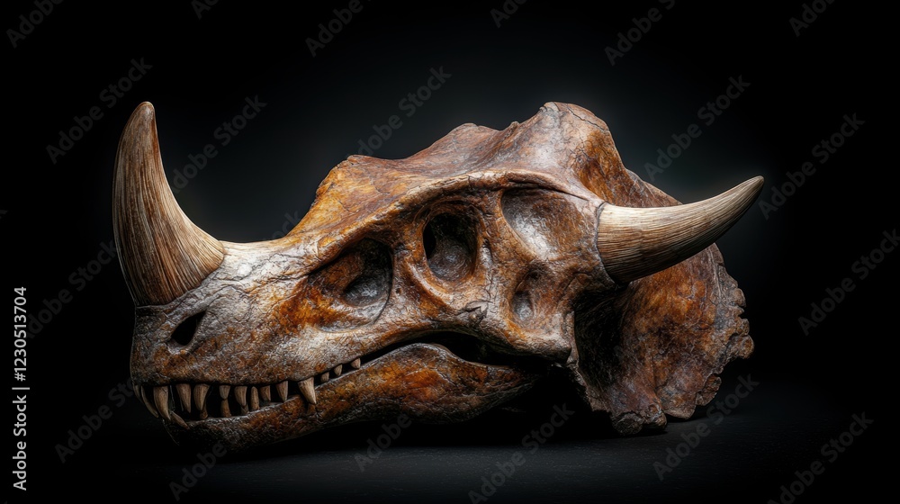 A detailed view of a prehistoric skull featuring prominent horns, ideal for educational materials, museum exhibitions, or articles about paleontology, evolution, and extinct species, A detailed view of a prehistoric skull featuring prominent horns, ideal for educational materials, museum exhibitions, or articles about paleontology, evolution, and extinct species,