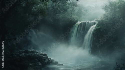 Misty waterfall cascades in lush green jungle; serene nature scene