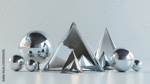 A 3D metallic silver spheres and pyramids.