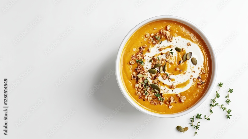 A bowl of creamy orange soup with toppings. A bowl of creamy orange soup with toppings.