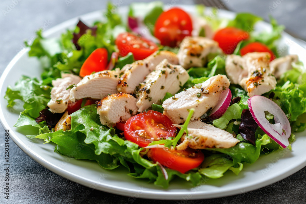 Appetizing summer salad with meat, tomatoes, radishes, spinach and lettuce, healthy summer breakfast in a white plate on a grey background, healthy food concept, weight loss food Appetizing summer salad with meat, tomatoes, radishes, spinach and lettuce, healthy summer breakfast in a white plate on a grey background, healthy food concept, weight loss food