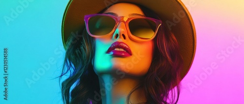 Wallpaper Mural Stylish woman with sunglasses and hat posing under colorful neon lights Fashion portrait of a young female model with vibrant makeup and trendy accessories Concepts of beauty, style, and nightlife Torontodigital.ca