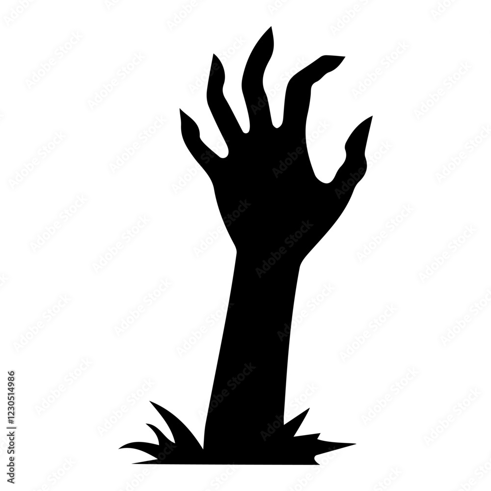 Black silhouette of a creepy zombie hand rising from the ground, symbolizing horror, Halloween, and the undead. Perfect for spooky themed designs and decorations. Black silhouette of a creepy zombie hand rising from the ground, symbolizing horror, Halloween, and the undead. Perfect for spooky themed designs and decorations.