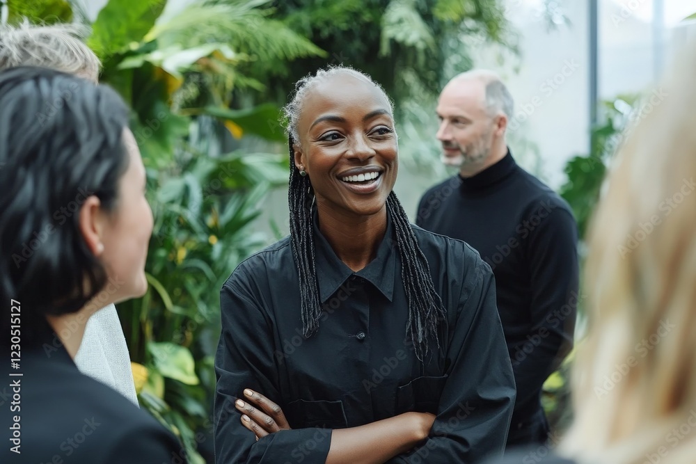 Fototapeta premium Engaging conversation among a diverse group in a lush indoor garden setting during a networking event