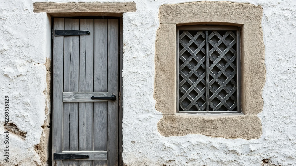 Weathered Wooden Door & Window, Rusted Facade, Stone House Weathered Wooden Door & Window, Rusted Facade, Stone House