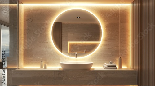 Circular brass-framed bathroom mirror with warm recessed lighting, d in a beige minimalist design photo