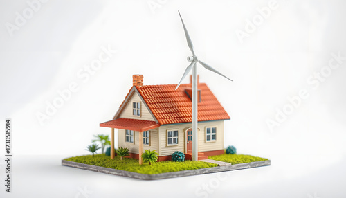 Miniature model house with wind turbine power generation, alternative electricity source, esg , with white tonespng photo