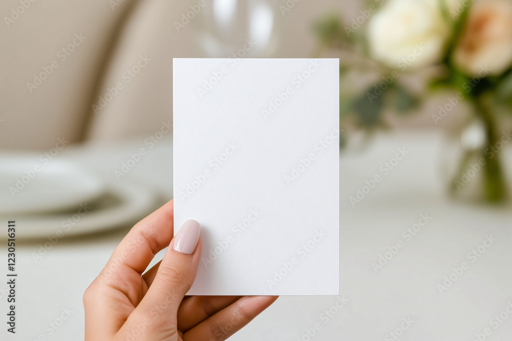 Blank Greeting Card Mockup: A hand delicately holds a blank white greeting card, showcasing its pristine surface against a softly blurred backdrop of a beautifully set table. Blank Greeting Card Mockup: A hand delicately holds a blank white greeting card, showcasing its pristine surface against a softly blurred backdrop of a beautifully set table.