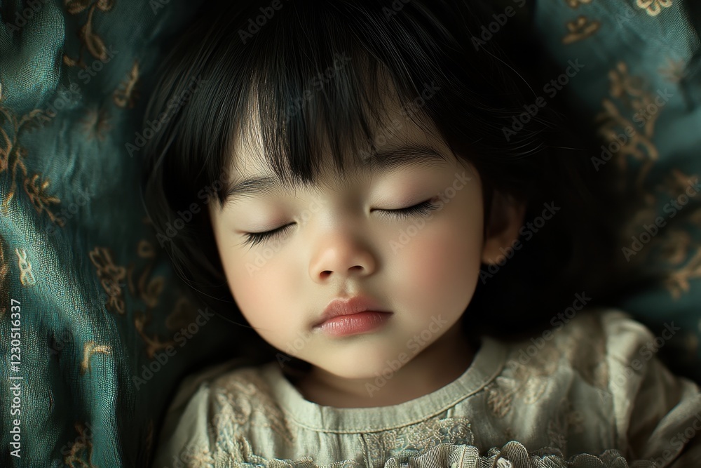 Child sleeping peacefully with closed eyes on a soft, patterned blanket in a serene environment Child sleeping peacefully with closed eyes on a soft, patterned blanket in a serene environment