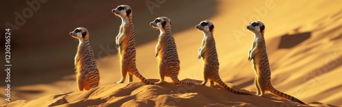 A group of meerkats stands alert on a sand dune, their bodies upright as they scan the horizon. The warm sunset light highlights their fur, creating a captivating display of nature's beauty