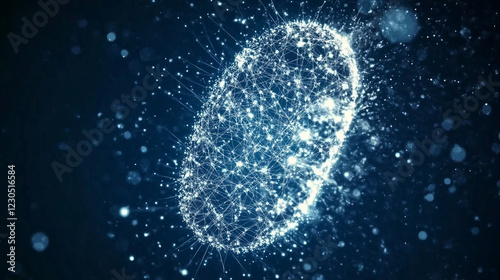 A luminous digital fingerprint composed of interconnected glowing nodes on a dark background, representing cybersecurity, identity verification, data protection, and technological innovation. photo